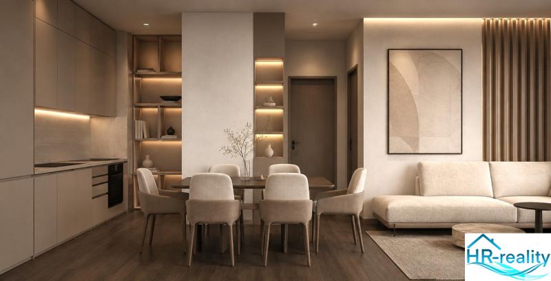 Dining area and kitchen in a holiday apartment with wood-patterned flooring.