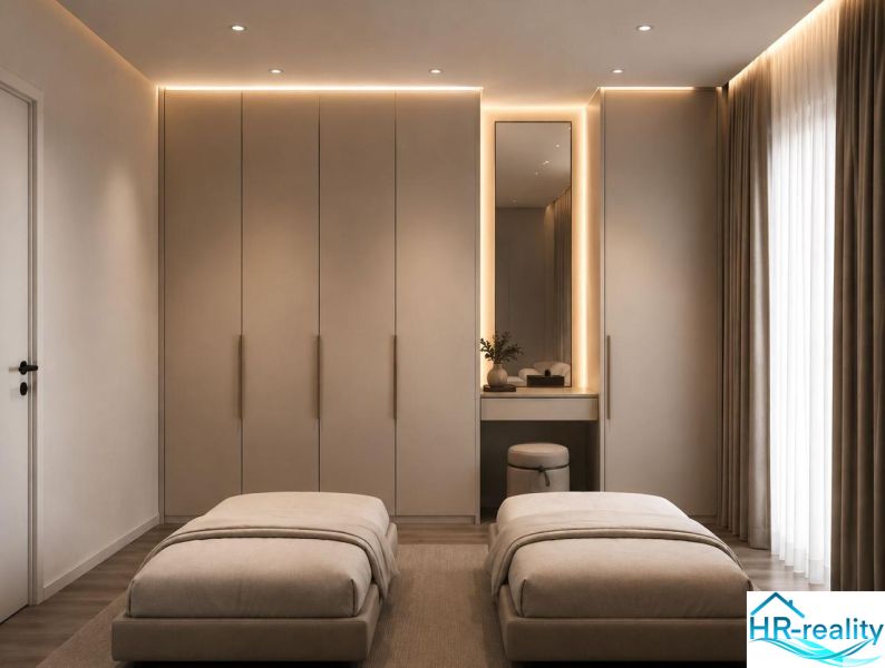 Recreational apartment room with large wardrobes, two beds, and elegant lighting.