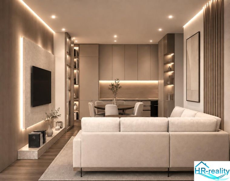 Recreational apartment with a comfortable sofa, wood-patterned flooring, and cozy lighting.