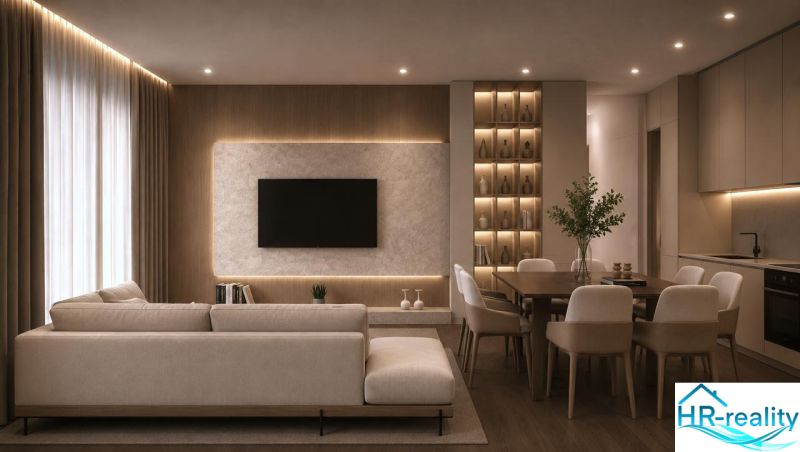 Interior of a vacation apartment with a sofa, television, and wood-patterned flooring.
