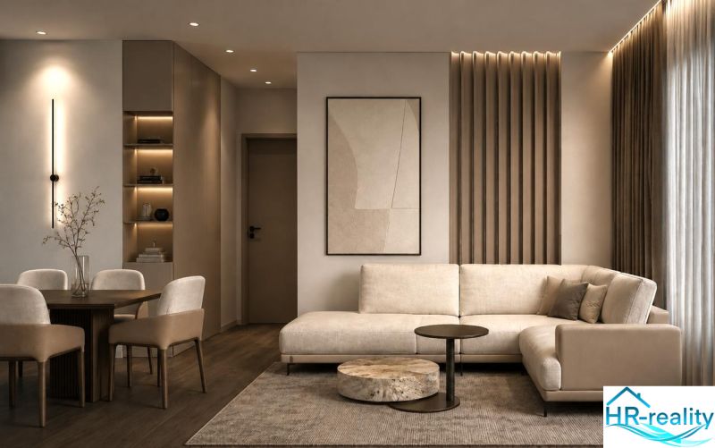 Living room in a holiday apartment with a sofa and wood-patterned flooring.