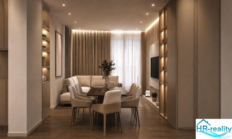 Interior of a holiday apartment with comfortable seating, a dining table, and a wooden decor floor.