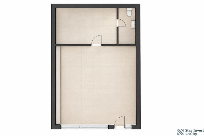 The floor plan of commercial premises with wood-decor flooring includes two rooms and a restroom.