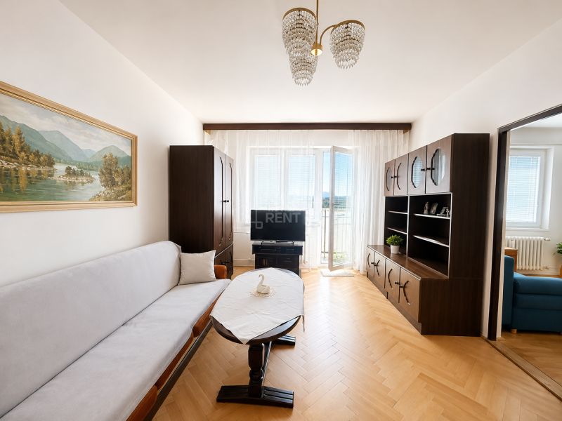 Living room in a 3-room apartment with a wooden decor floor, a sofa, and a built-in wall unit.