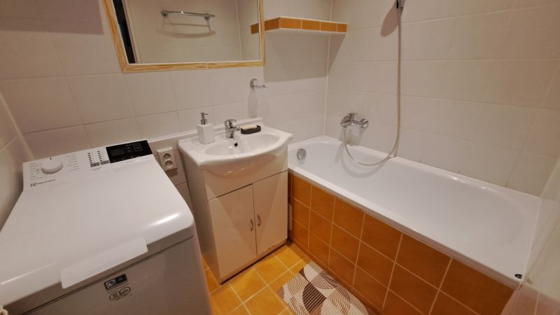 A bathroom in a 2-room apartment with a shower, washing machine, and sink.