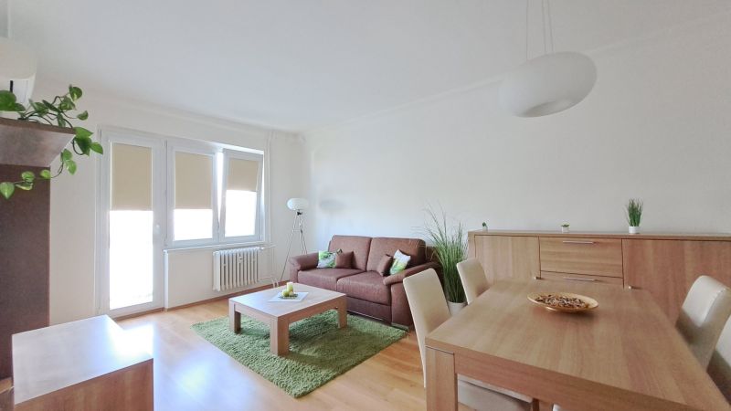 Living room of a two-room apartment with a sofa and a wooden decor floor.
