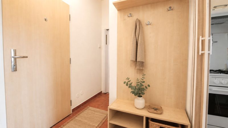 Entrance hallway with a coat rack, plant, and kitchen corner in a 2-room apartment.