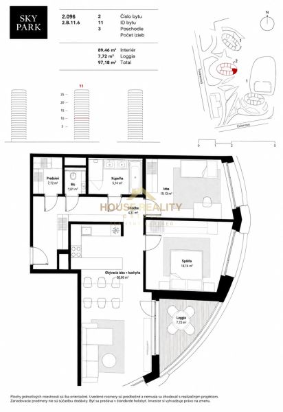 Floor plan of a 3-room apartment with a loggia on Továrenská Street in the Sky Park project.