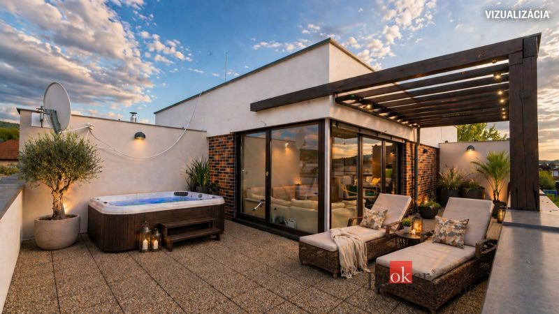 Terrace of a family house with a hot tub and loungers in Bratislava-Záhorská Bystrica, Kapsohradská.