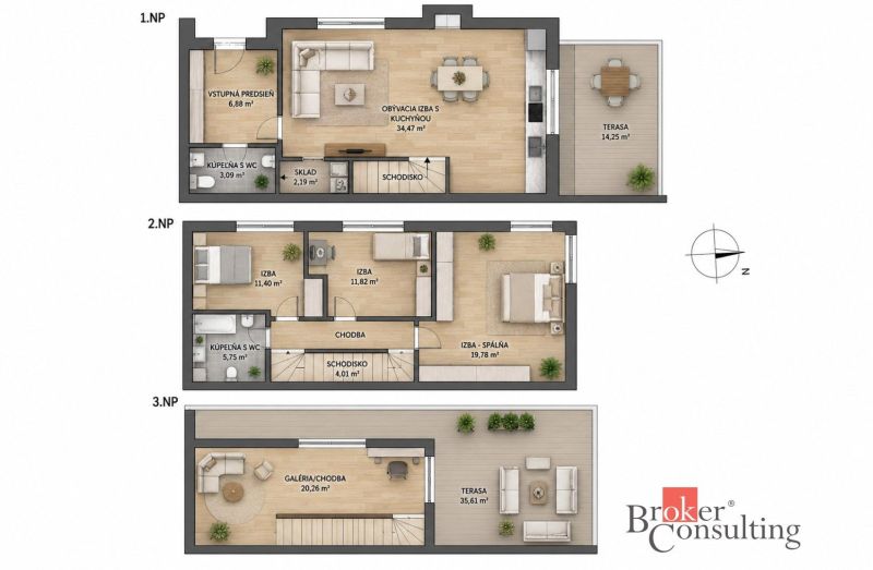 Floor plan of a family house with a terrace and wooden decor flooring on three levels.