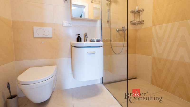 A minimalist bathroom with a shower and toilet in a family house.