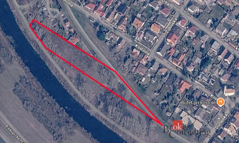 Aerial view of recreational plots in Hamuliakovo near the water area and Kostolná street.