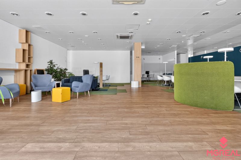 Commercial spaces with wood-patterned flooring, comfortable armchairs, and greenery.