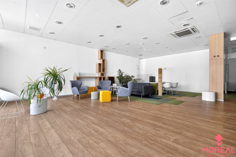 Commercial space with chairs, plants, and a wooden decor floor, offering comfortable seating.