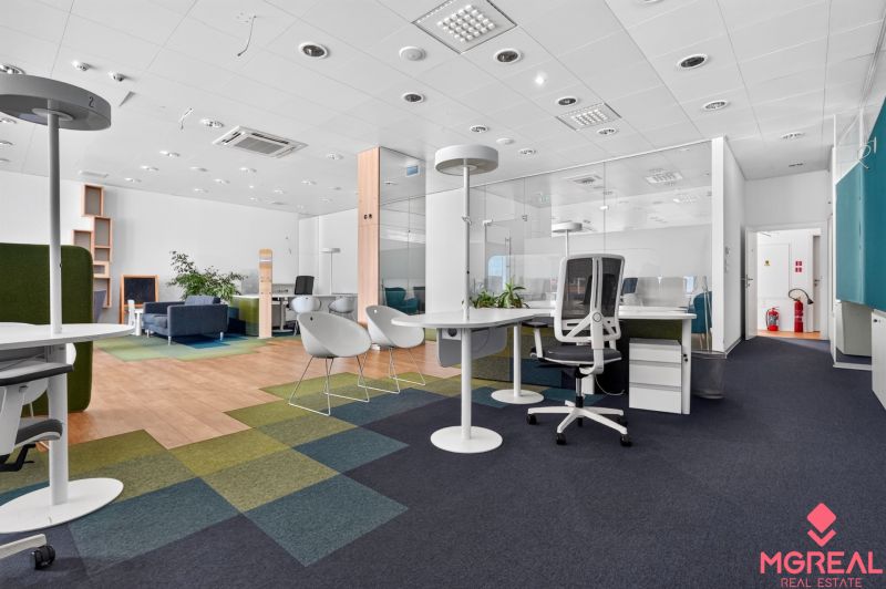Commercial spaces with glass partitions and wood-patterned flooring, colorful carpets.