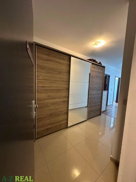 A hallway with a built-in wardrobe with sliding doors and a floor with a wood decor.