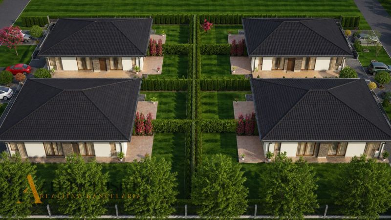 Plots - housing in Dunajský Klátov; four single-story houses with landscaped gardens.