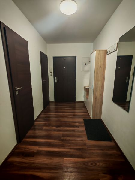Entrance hall of a 2-room apartment with a wooden decor floor and a coat rack.