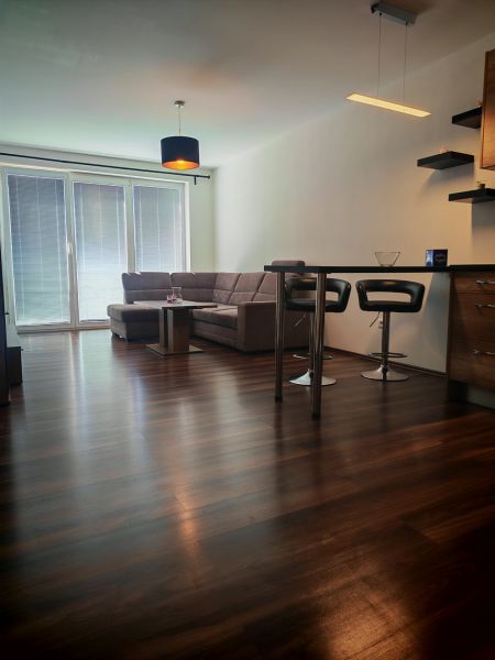 Living room of a two-room apartment with a wooden decor floor and a comfortable sofa set.