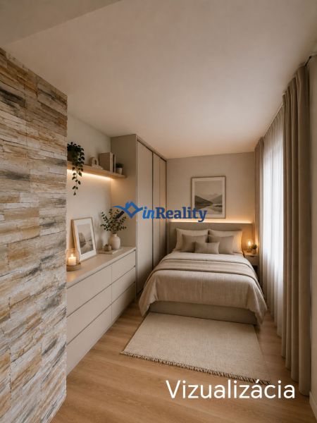 A bedroom in a family house with a wooden decor floor, soft natural tones, and stone cladding.