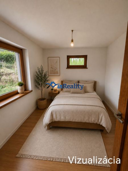 Bedroom in a family house with a bed, drawing on the wall, and a floor with a wooden decor.