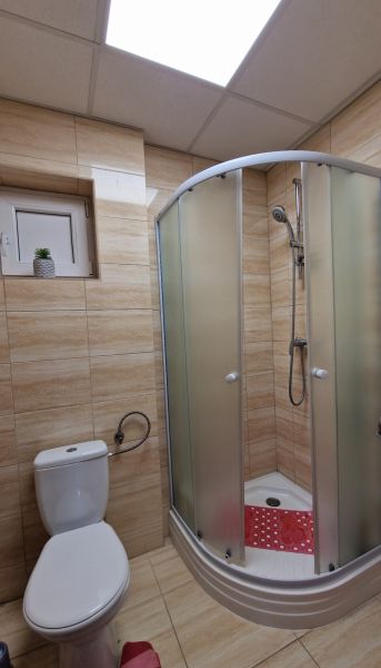 A bathroom in a family house with a toilet and a shower with a wooden decor.