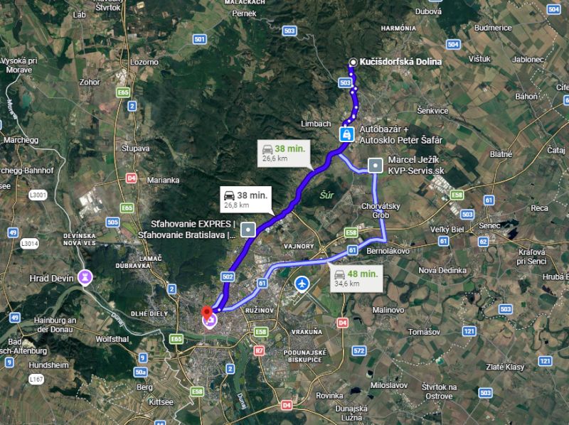 Map of the route from Kučišdorfska Valley in Pezinok with agricultural and forest lands.