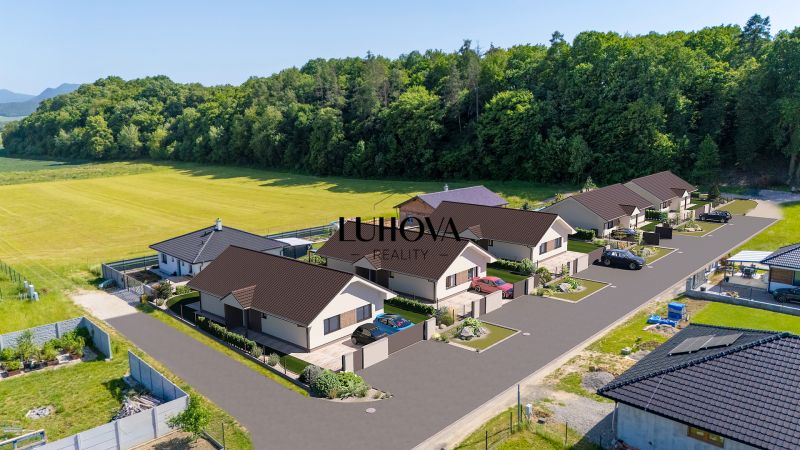 Family houses on Tuchyňa Street in the village of Tuchyňa, surrounded by forest and fields.