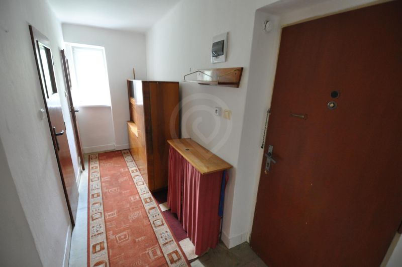 A narrow corridor with carpet and simple furniture in a 2-room apartment.