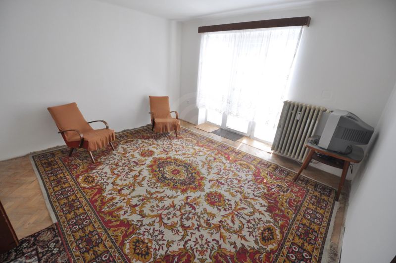 Living room in a two-room apartment with a carpet, two armchairs, and a television.