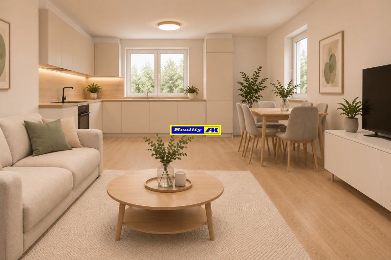 The 4-room apartment has an open kitchen with a dining area and a floor with a wooden decor.