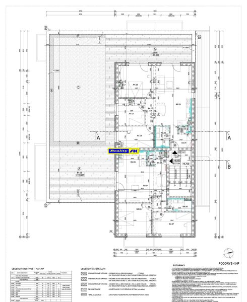 Floor plan of a 4-room apartment with a view of room distribution and technical details.