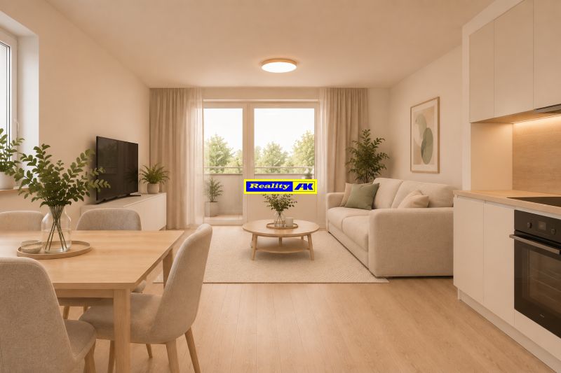 Living room with a sofa, dining table, and wooden decor flooring in a 4-room apartment.