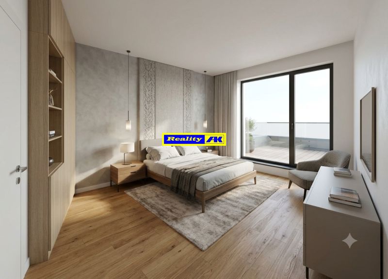 A bedroom in a 4-room apartment with a large window and a floor with a wooden decor.