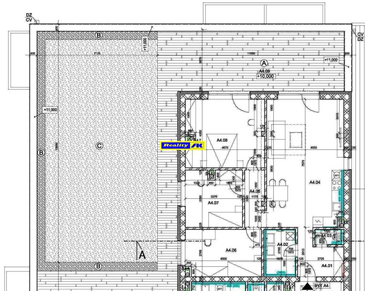 Floor plan of a 4-room apartment with a pool and wooden decor flooring.