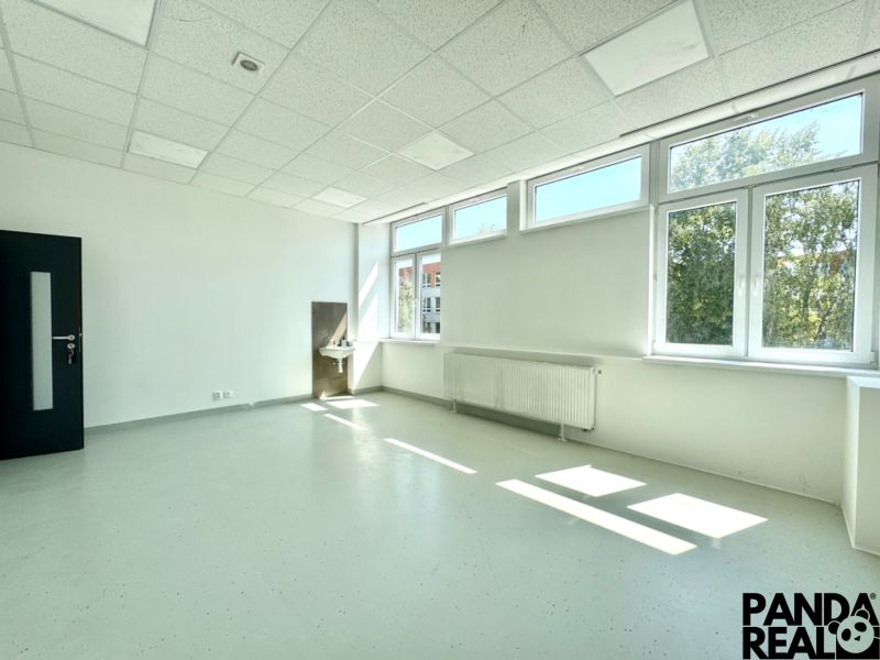 Bright commercial space with a sink and large windows, white walls.