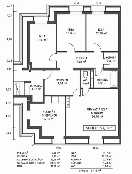 Floor plan of a 4-room apartment with a kitchen, bathroom, and pantry, totaling 97.18 m².
