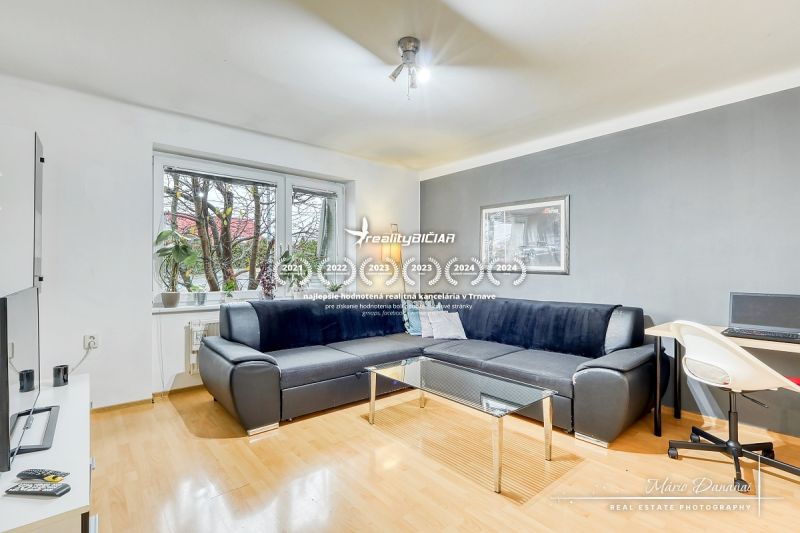 Living room in a two-room apartment with a sofa, table, and wooden decor flooring.