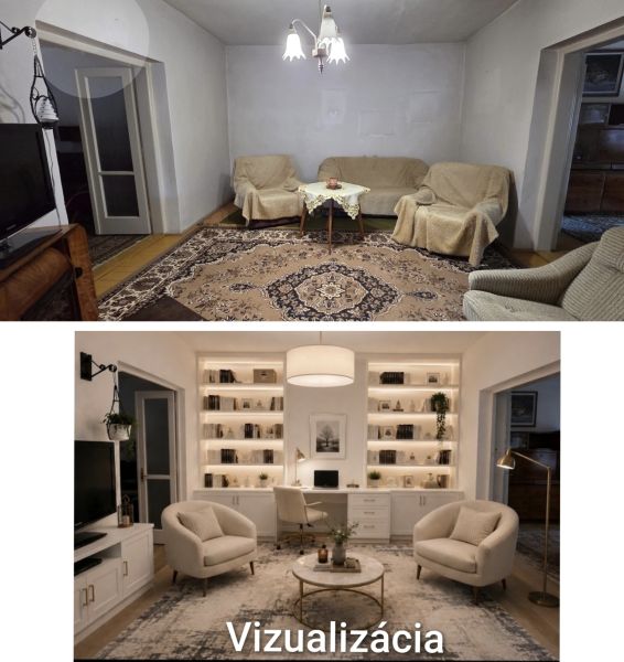 Comparison: Living room of a family house before and after renovation, depiction of changes.