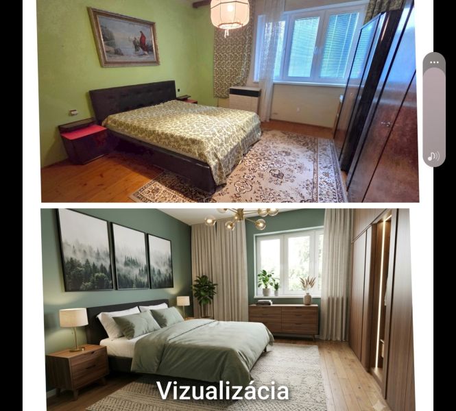 Bedroom in a family house with a bed, furniture, and decorations, redesign visualization.