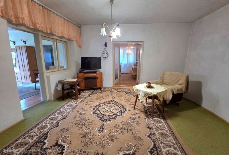Living room of a family house with a carpet and a TV corner.