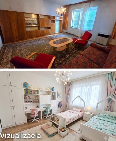 The top photograph shows a living room in a family house with classic furniture. The bottom visualization offers a children's room with beds, decor, and storage space.