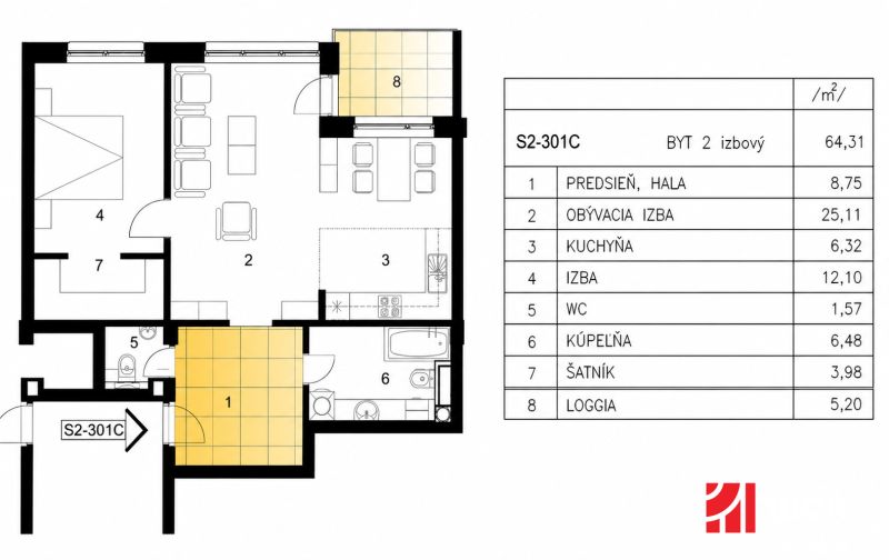 Layout of a 2-room apartment with a hallway, living room, kitchen, room, and loggia.