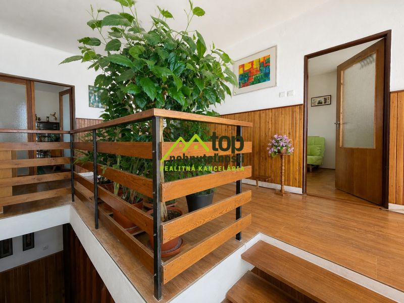 A hallway in a family house with a wooden decor floor and green plants.