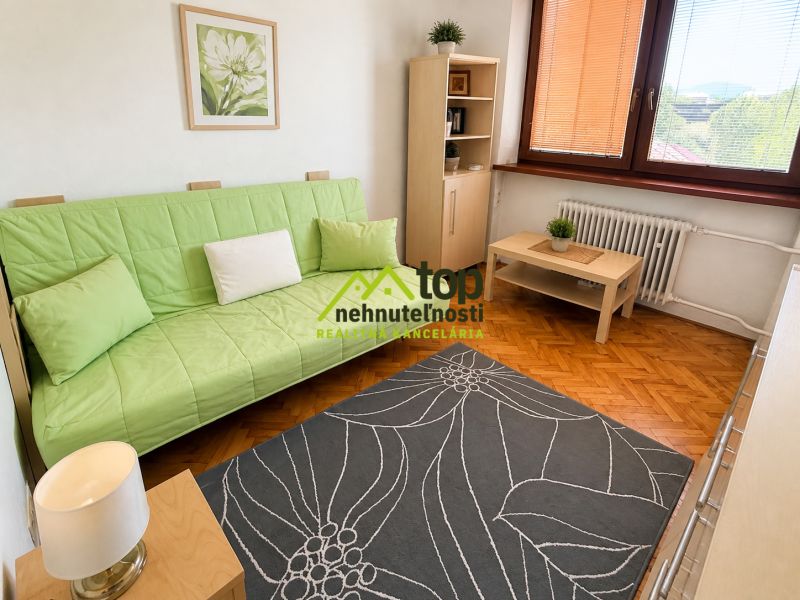 A room in a family house with a sofa, carpet, and wood-patterned flooring.