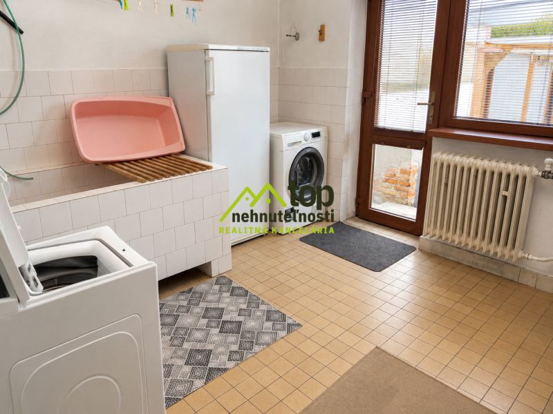 Laundry room in a family house with a washing machine, freezer, and sink with a countertop.