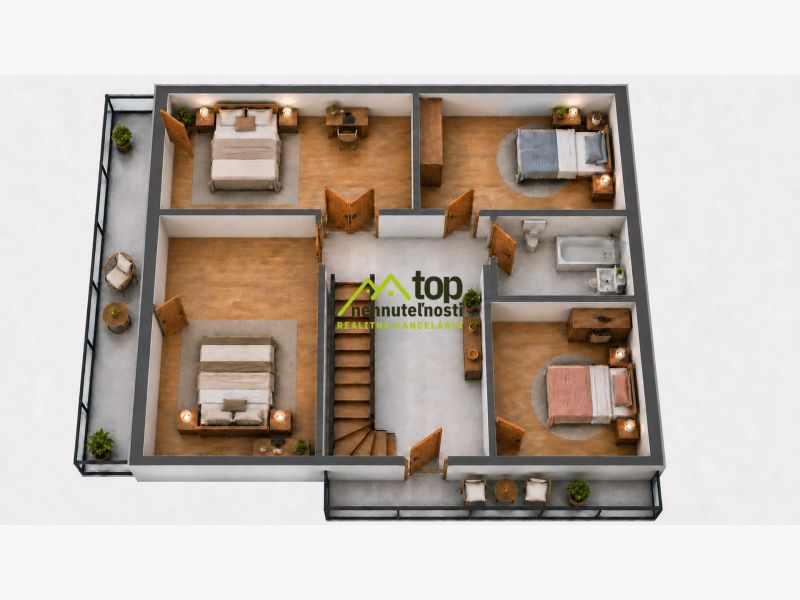 A floor plan of a family house with four bedrooms and a wooden decor floor.