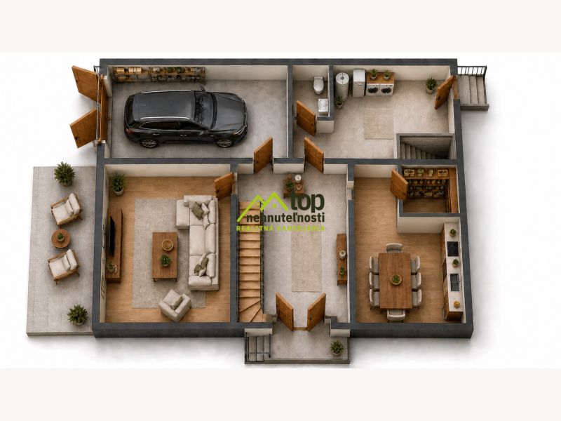Floor plan of a family house with wooden decor flooring, a garage, and a terrace.