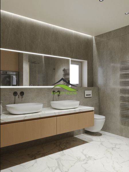 A bathroom in a 3-room apartment with a marble floor and hanging furniture.