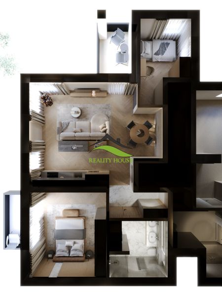 Floor plan of a 3-room apartment with wood-patterned flooring, comfortable room arrangement.